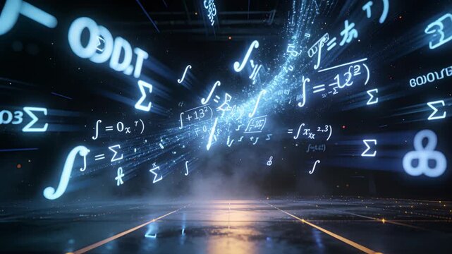 Streaming lit math symbols and particle ribbon emerging from upper right sweeping dark tiled floor