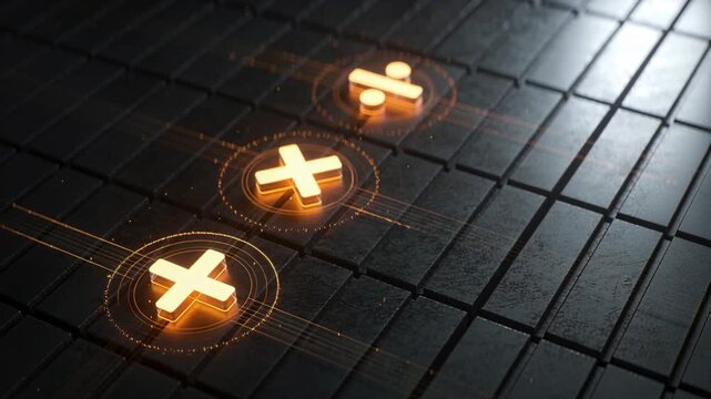 Animating 2+ and &divide; symbols pulsing, holo rings, orange trails across dark grid camera panning intr