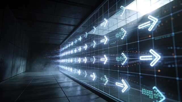Pulsing arrow panel animating along curved glass corridor wall as backlight brightening