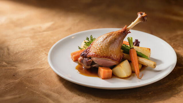 Roasted duck leg confit with glazed root vegetables and jus on a white plate in warm light, fine dining and gourmet cuisine concept with copy space for text