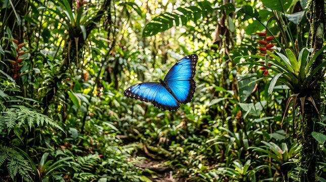 Blue morpho butterfly flying in dense green tropical jungle