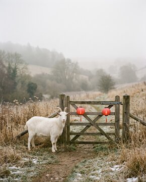 White sheep standing beside a rustic wooden farm gate decorated with red apples in a misty rural landscape, peaceful countryside field with foggy hills and autumn scenery