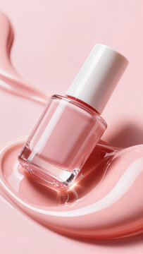 Pale pink nail polish bottle resting on a glossy swirl of spilled polish on a pink background, beauty cosmetic product and manicure concept with vertical copy space
