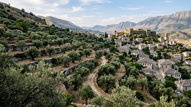Ancient hillside town with stone houses and olive orchard terraces
