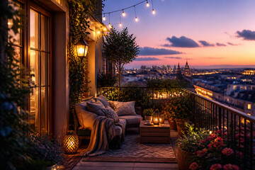 Fototapeta premium A cozy outdoor terrace with a seating area overlooks a sprawling city skyline at sunset.