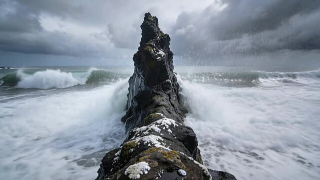 Rising large swell, storm swells crashing on narrow jagged rock at coast, exposing foam and mussels