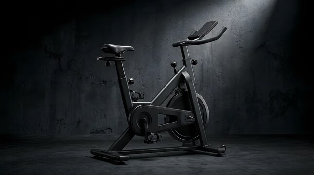 Modern black stationary exercise bike in a dark studio setting
