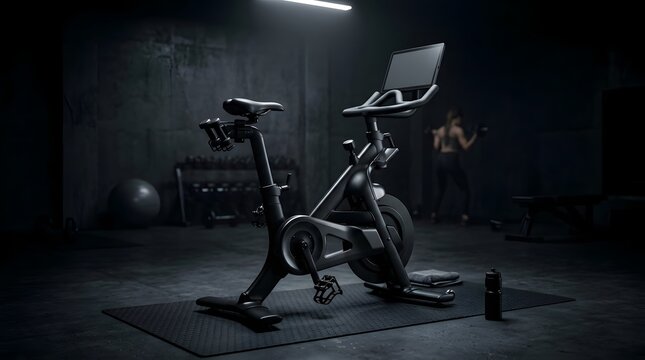 Modern black stationary exercise bike inside a dark fitness studio