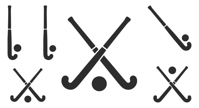 Field hockey stick and ball vector icons set