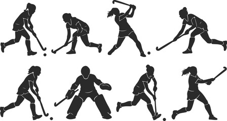 Set of field hockey players silhouettes in various game actions © sefatahmed