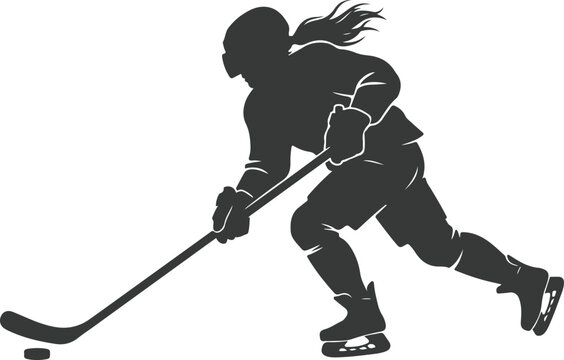Hockey player vector silhouette skating with puck