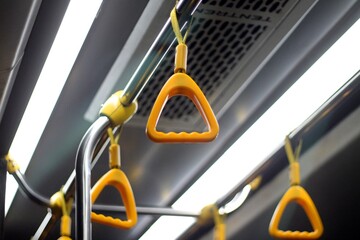 Yellow Triangle Handgrips Hanging From Overhead Rails Inside Modern Bus © nsiswan
