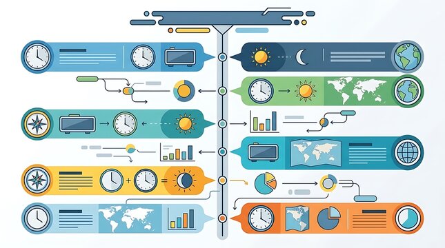 Business infographic with time management icons and data charts