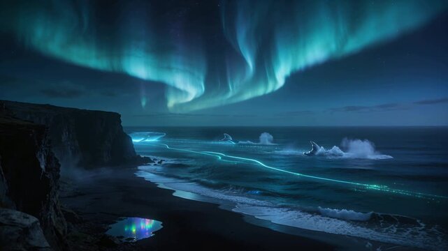 Aurora brightening, glowing whale forms moving right seaward along beach, tide pool mirroring glow