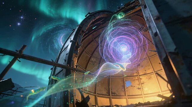 Emerging ribbon at lower-left flowing into rusted dome hatch at night, forming purple vortex