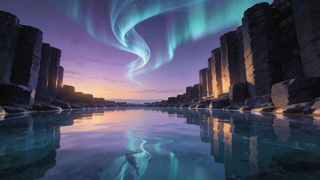 Appearing spiraling aurora nudging fish silhouette moving, reflecting teal on basalt inlet