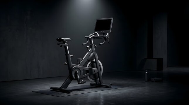 Modern stationary exercise bike with digital screen in dark studio