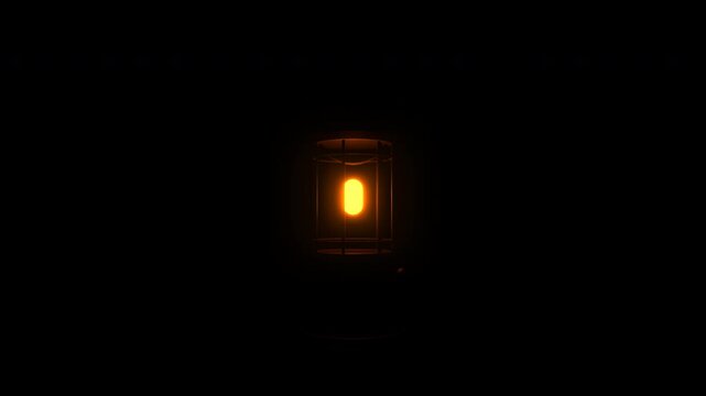 A highly atmospheric, seamless 3D loop of a vintage brass kerosene pressure lantern (Petromax style) swinging gently like a pendulum in pitch darkness. 