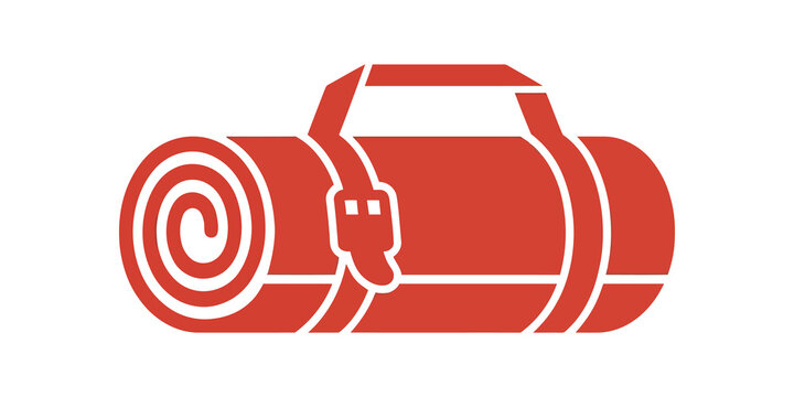 Red rolled yoga mat flat icon for fitness and active leisure lifestyle.
