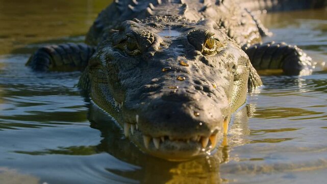 Moving large crocodilian reacting to sun, creeping toward camera in shallow water, showing snout