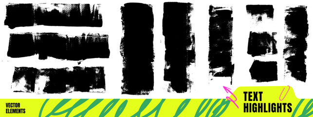 Fototapeta na wymiar Black dry roller ink set with horizontal bars, upright strokes, and square swatches. Rough grunge texture with frayed edges. Textured vector elements for text highlighting or promotional callout