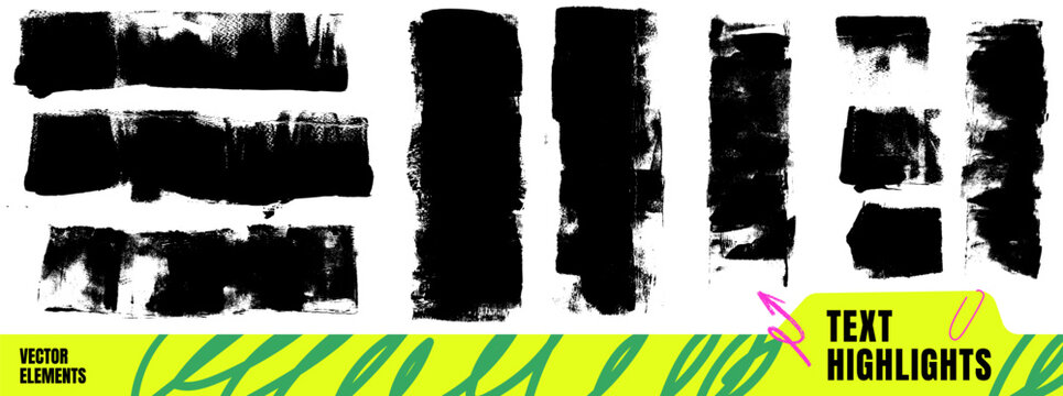Black dry roller ink set with horizontal bars, upright strokes, and square swatches. Rough grunge texture with frayed edges. Textured vector elements for text highlighting or promotional callout