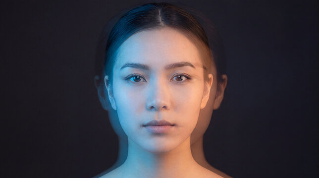 Young Asian Woman with Dual Lighting Effect, Exploring Identity and Inner Self Concept