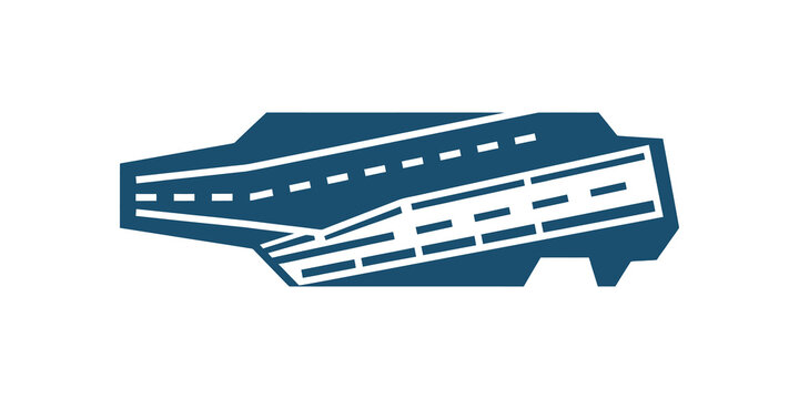 Blue naval aircraft carrier top view flat icon for military sea transport.