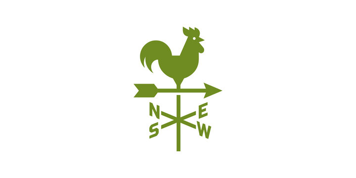 Green rooster weather vane flat icon wind direction tool for meteorology.