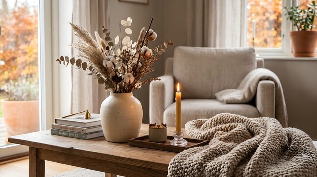 A cozy and warm autumn-themed living room interior featuring a rustic wooden coffee table decorated with a lit candle on a small tray