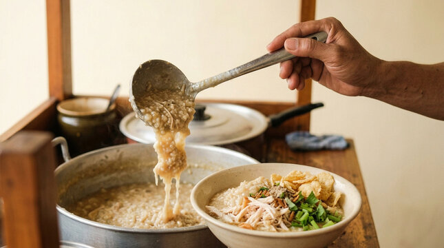 Bubur Ayam Indonesian Chicken Porridge Being Served