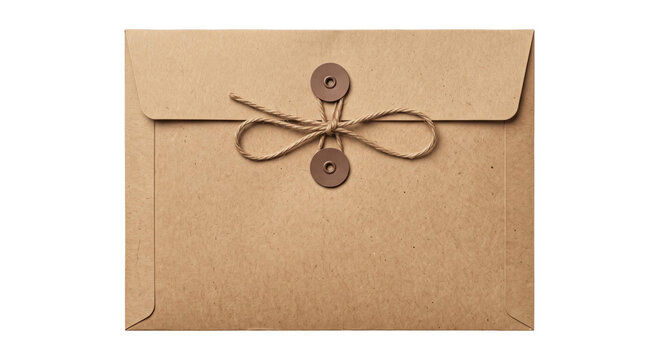 Brown paper envelope with twine closure and two circular fasteners