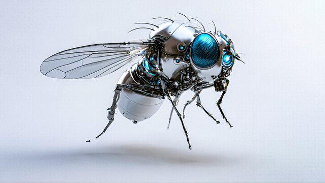 Concept illustration of a digital fruit fly simulated using reinforcement learning algorithms in a physics environment. Cyberpunk macro biology and advanced AI technology concept.