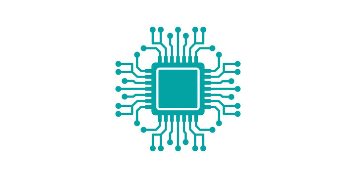 Microchip processor icon teal circuit board pattern for hardware design.