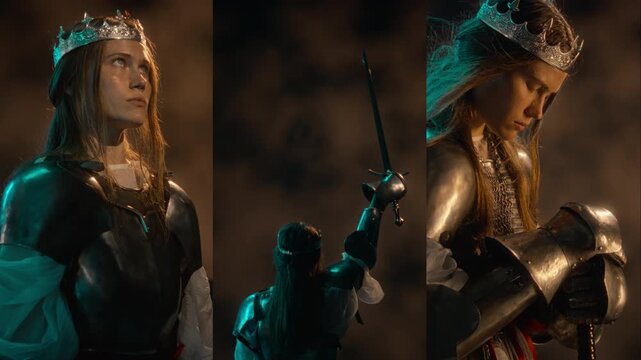 Young adult Caucasian female warrior wearing armor and crown raising sword in split screen view. Ideal for fantasy gaming commercials and cinematic trailers