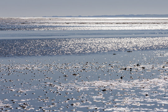 View of the tidal flats of Thy with shimmering water reflecting sunlight across the wet sand and distant coastline in Thisted Municipality, Denmark.