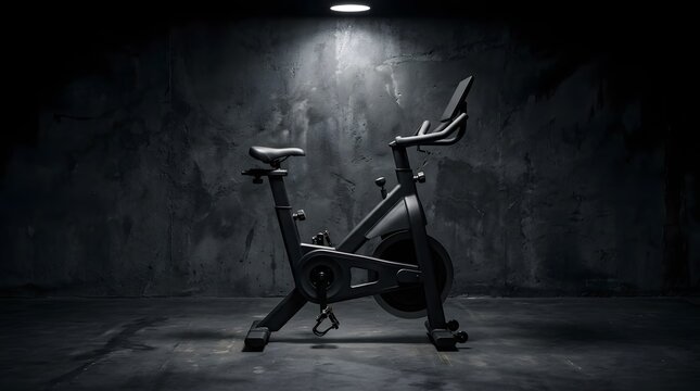 Stationary exercise bike for indoor cardio workout in dark gym studio