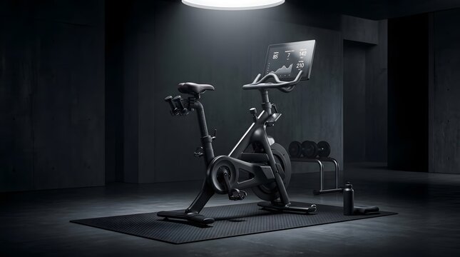 Stationary exercise bike with digital display in dark modern gym
