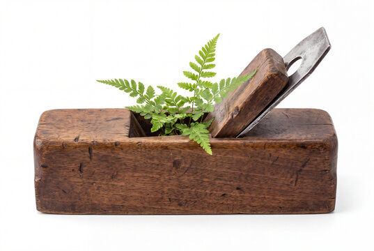 Antique wooden hand plane with fresh fern growing through it, woodworking craftsmanship and nature concept, vintage artisan tool, creative sustainability symbol, isolated cutout on white background