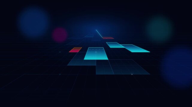 Abstract digital hud interface with glowing data rectangles and cyber grid background, technology