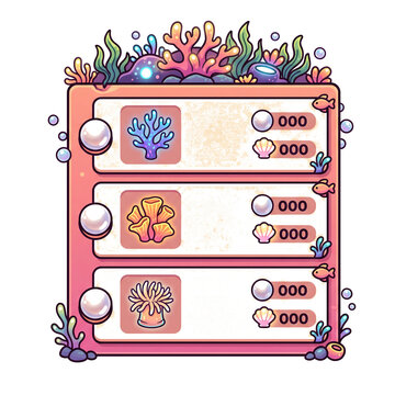 2D Cartoon Game Asset Bioluminescent Coral Shop Menu with Pearl Buttons