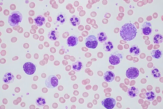 Stained Peripheral Blood Smear Under Microscope Revealing Numerous White Cells Platelets and Red Erythrocytes
