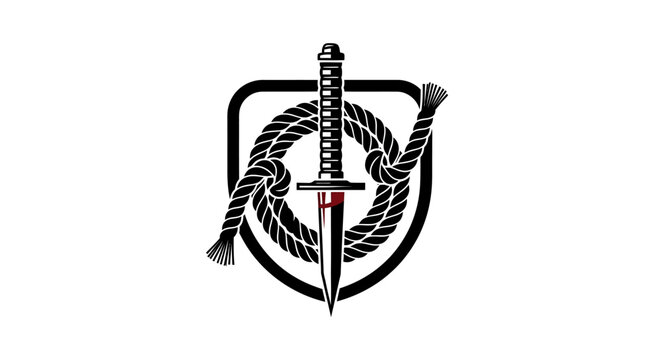 Emblem of a tactical knife, rope, and shield, representing security, danger, and strength on a white background.