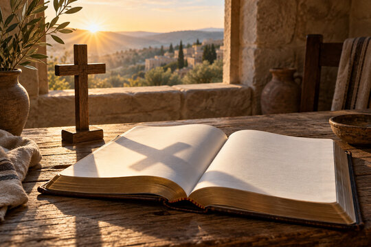 Wooden Cross Shadow Across an Open Bible