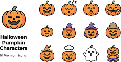 Obraz premium Halloween pumpkin emoji icon set featuring cartoon jack o lantern character expressions and cute ghost for holiday graphic design