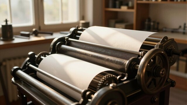 Vintage printing machine with paper rolls and metal gears, bathed in soft sunlight from a window.