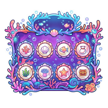 2D Cartoon Bioluminescent Coral Shop Menu Asset with Pearl Buttons