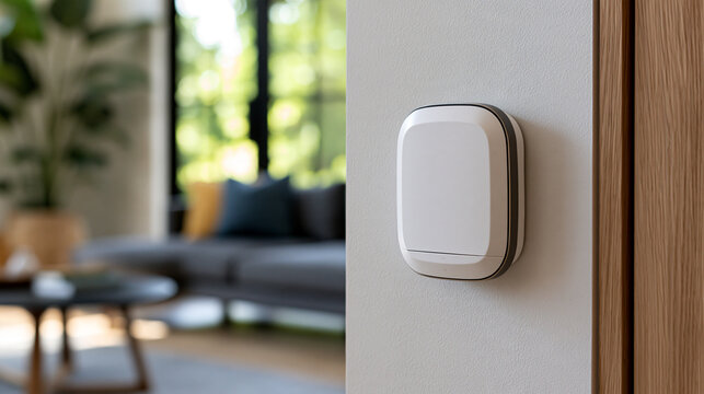 Wireless smart home sensor detecting ambient conditions, mounted on a white wall in a modern living room, integrating automation and energy efficiency, copy space