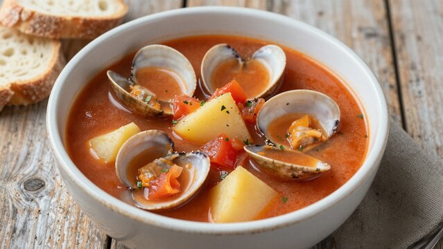 A steaming bowl of tomato clam chowder with fresh clams, potatoes, and herbs served beside crusty bread on a rustic wooden table.