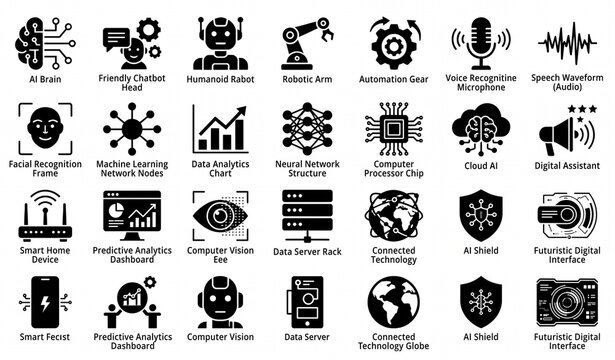 AI and Technology Solid Black Vector Icon Set with 21 Modern Digital Symbols